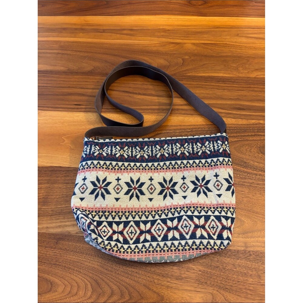 Patterned Crossbody Tote Bag Purse in Navy, Cream with Leather Strap